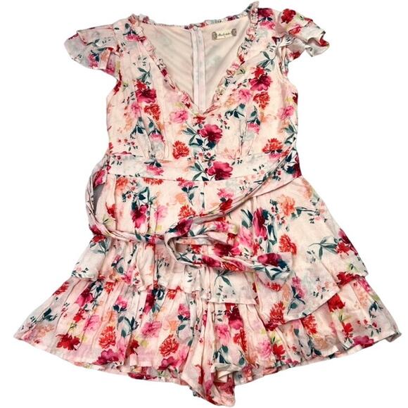 Altar’d State Romper Shorts Womens Small Pink floral Tiered Ruffled Tie V Neck - Picture 2 of 13